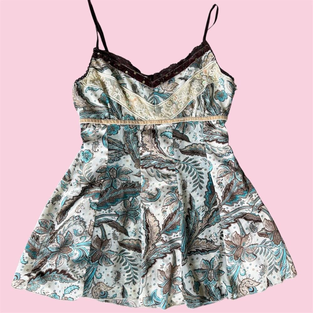 Y2K Fairycore blue and brown babydoll top with lace sequin trim and tie back